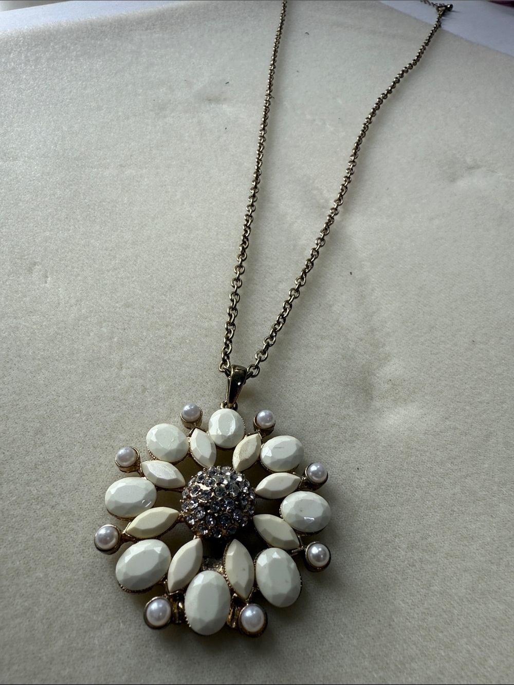 Gold-Tone Daisy Pendant Necklace with Cream Stones and Pearl Accents| 32”